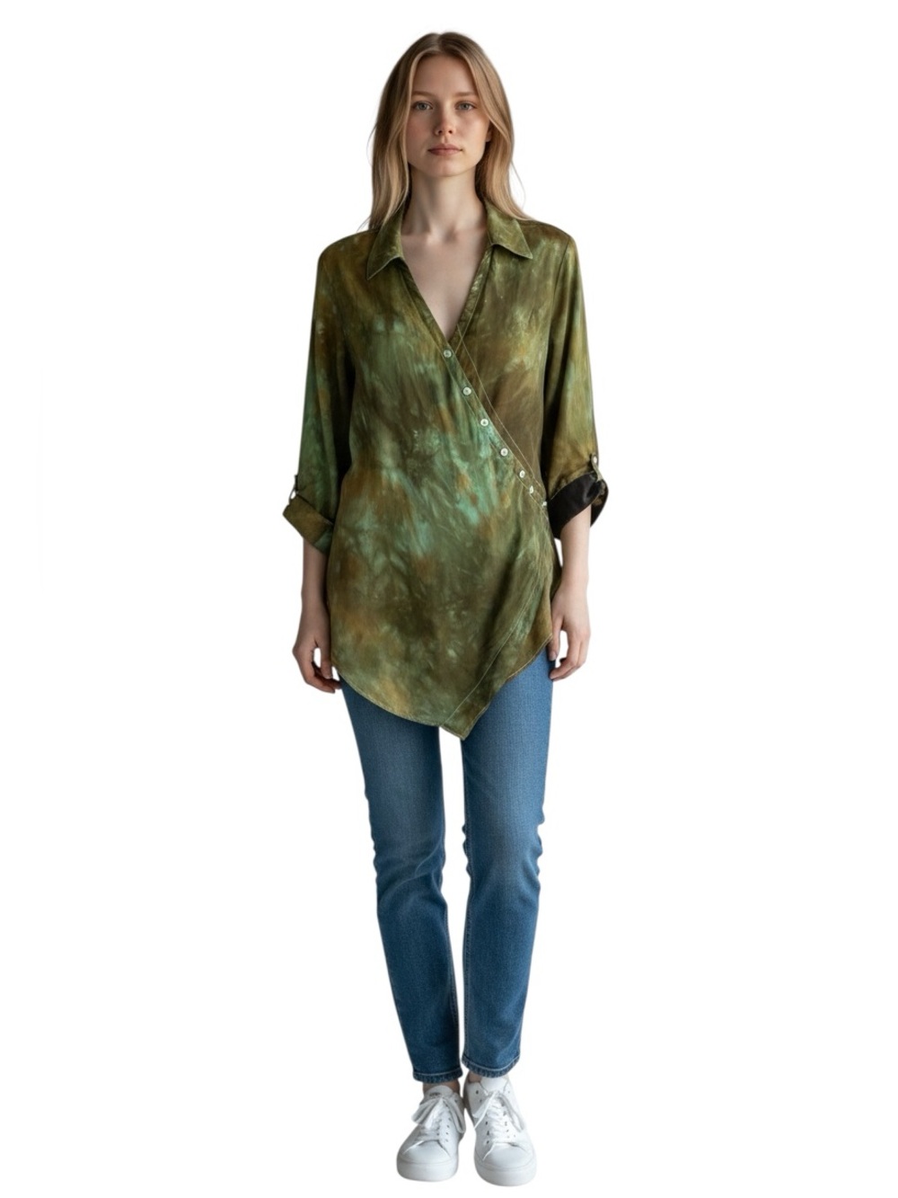 Soft Surroundings Tie Dye Asymmetrical Crossover Tunic Blouse Olive Green Boho